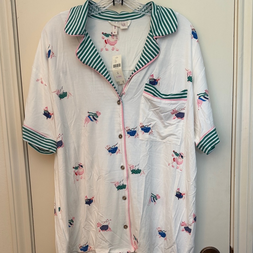 Anthropologie White Short-Sleeve Top with Pink & Green Trim